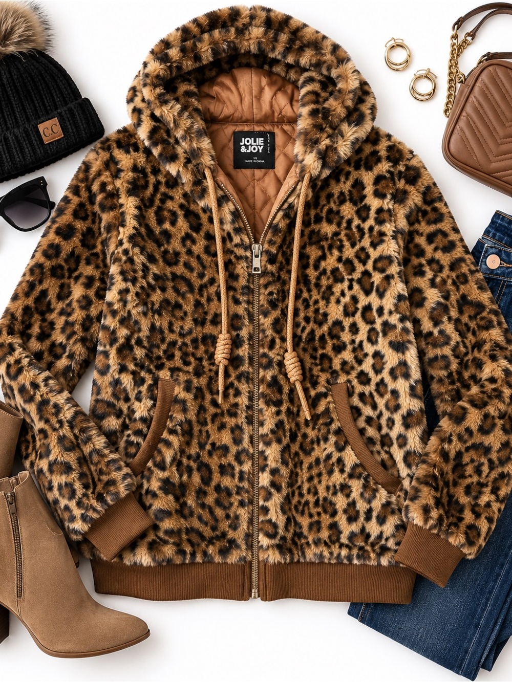 Jolie & Joy Leopard Print Faux Fur Hooded Jacket – Size 1X